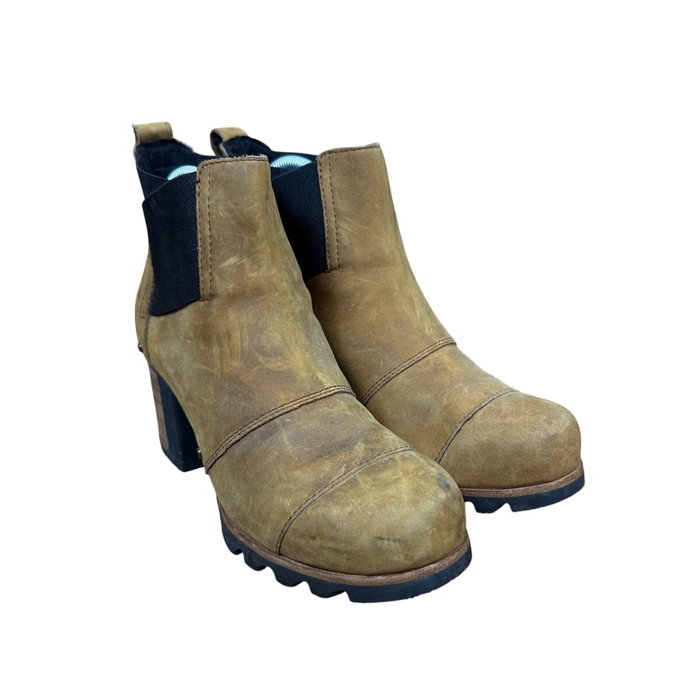 Sorel Lolla Chelsea Boots Womens 8 Tan Leather Block Heel Ankle NL2300-237
